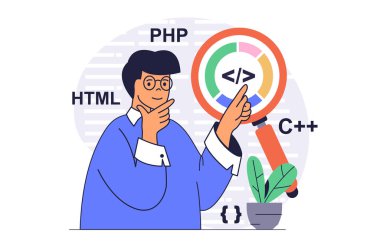 Çizgi filmcilerle internet için düz tasarım yapan programcı çalışma konsepti. İnsan arama programı kodlarında hatalar yaratıyor, kalite raporu, programlama ve mühendislik yazılım projeleri yaratıyor. Vektör illüstrasyonu.