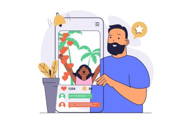 Çizgi filmcilerle sosyal ağ konsepti web için düz tasarım. İnternet günlüğünü takip eden adam, favori blogcunun yeni fotoğrafını paylaşıyor, yorumlar ve geri bildirim tepkileri bırakıyor. Vektör illüstrasyonu.