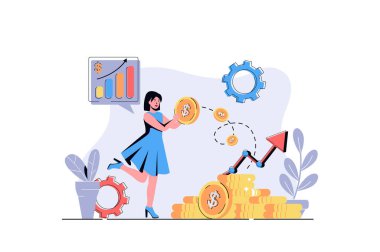 Çizgi film tasarımcılarının yatırım web konsepti. Tasarruf ve kişisel sermayesini yeni bir iş projesine yatırıp para kazanan bir kadın. Düz vektör çizimi beyaz arkaplanda izole edildi.