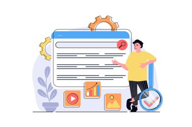 Çizgi film dizaynı ile SEO analiz web konsepti. Arama motorları için insan ayarları sitesi, web sayfasının istatistikleri, anahtar sözcükler seçiliyor. Düz vektör çizimi beyaz arkaplanda izole edildi.