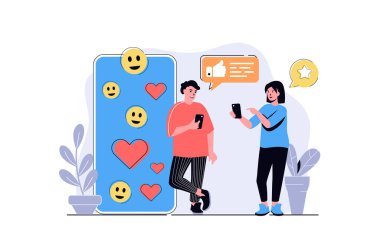 Çizgi film dizaynı ile sosyal ağ web kavramı. Kadın ve erkek flört uygulamasında mesajlar yazıyorlar, internette sohbet ediyorlar, uygulamalardaki paylaşımlar ve sevdikleri şeyler. Düz vektör çizimi beyaz arkaplanda izole edildi.