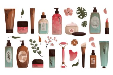 Düz çizgi film dizaynında güzellik ürünleri. Krema kavanozu, losyon tüpü, serum, şampuan şişesi, jöle, yüz masajı silindiri ve diğer kozmetik ürünleri olan grafik elementler. Vektör illüstrasyonu.