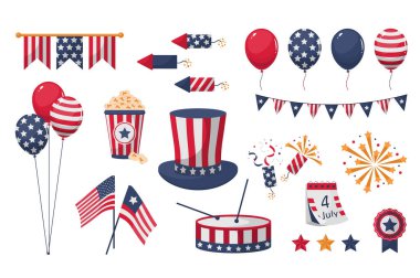 Düz çizgi film dizaynında bağımsızlık günü ayarlandı. Amerikan sembollü grafik öğeler, ulusal renkler bayraklar, çelenkler, balonlar, vatansever amblemler, şapka, yıldızlar, diğerleri. Vektör illüstrasyonu.