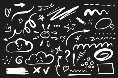 Çizgi şekil işaretleyicisi düz grafik tasarımında elementleri ayarlar. Oklu beyaz karalama çizimleri, yıldızlar, bulutlar, güneş, bukleler, daire, kare, noktalar, kene, kalp, diğer şeyler. Vektör illüstrasyonu.