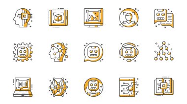 Yapay zeka simgeleri ağ için ana hatlı vuruş tasarımına ayarlandı. Ai, resim tanıma, yüz tanıma, sohbet robotuyla sohbet, makine öğrenme ve diğer şeyleri içeren resimler paketleyin. Vektör illüstrasyonu.