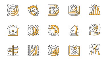 İş stratejisi simgeleri web için ana hatlı vuruş tasarımı oluşturur. Hedef, yakalama, liste çizelgesi, araştırma pazarı, derecelendirme, reklam, pazarlama ve diğer şeyleri içeren resimler paketleyin. Vektör illüstrasyonu.