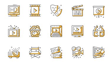 Sinema simgeleri ağ için özet çizim tasarımı ile oluşturulmuştur. Televizyon, film, film, film, film şeridi, tiyatro maskesi, deklanşör, patlamış mısır, video, 3D gözlük, diğerleri. Vektör illüstrasyonu.
