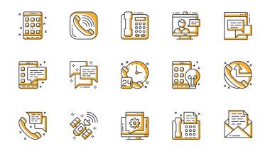 İletişim simgeleri ağ için ana hatlı vuruş tasarımına ayarlandı. Uygulama, telefon görüşmesi, görüntülü yakınlaştırma, sohbet, mesaj, konuşma balonu, müşteri desteği vs. içeren resimler paketleyin. Vektör illüstrasyonu.