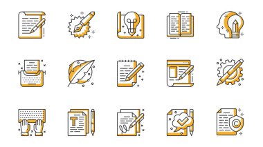 Kopyalama simgeleri web için özet çizim tasarımı ile ayarlandı. İçinde makale, yazı, fikir, ilham, kitap, yaratıcılık, daktilo, fikri mülkiyet ve benzeri şeyler olan resimler paketleyin. Vektör illüstrasyonu.