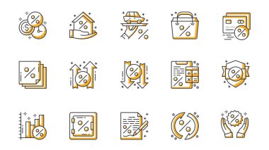 Kredi simgeleri web için ana hatlı vuruş tasarımı için ayarlandı. İçinde para, ödeme zamanı, ev kredisi, araba sigortası, indirim, büyüme, düşüş, hesaplama verileri, diğer şeyler olan resimler paketleyin. Vektör illüstrasyonu.