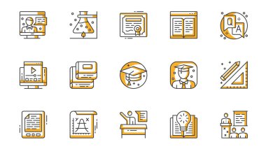 Eğitim ikonları ağ için ana hatlı vuruş tasarımı oluşturur. Çevrimiçi dersi, fen bilgisi, kimya, kitap okuma, soru cevap, ödev, mezuniyet gibi şeyleri içeren resimler paketleyin. Vektör illüstrasyonu.
