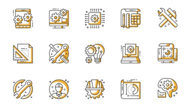 Mühendislik simgeleri ağ için ana hatlı vuruş tasarımına ayarlandı. Uygulama ayarlı resim çizgileri, optimizasyon, bilgisayar, devre kartı, mikroçip, araçlar, planlar, diğerleri. Vektör illüstrasyonu.