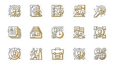 Kafa avlama simgeleri ağ için ana hatlı vuruş tasarımı oluşturur. İşe alım, arama, işe alım, eleman alma, iş görüşmesi, anahtar, özgeçmiş, evrak çantası, takım çalışması vb. resimleri. Vektör illüstrasyonu.