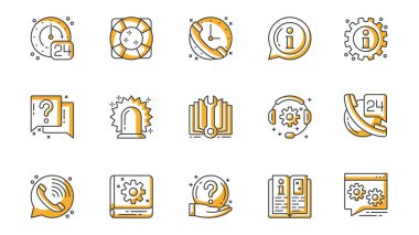 Yardım ve destek simgeleri ağ için özet tasarımı için ayarlandı. Saat, can simidi, çağrı, bilgi, soru, kulaklık, cevap, danışma, müvekkil, temas, diğer şeyleri içeren resimler paketleyin. Vektör illüstrasyonu