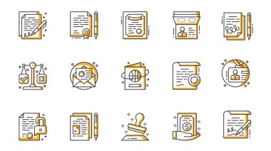 Yasal belge simgeleri web için ana hatlı vuruş tasarımı için ayarlandı. Sözleşme, sertifika, diploma, pasaport, adalet terazisi, mektup, kimlik, pul, diğer şeyleri içeren resimler paketleyin. Vektör illüstrasyonu.