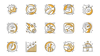 Performans simgeleri ağ için ana hatlı vuruş tasarımı ile ayarlandı. Patlayan, hız ölçer, artan ok, güç, kronometre, meteor, koşan, iten, iten, diğer şeyleri içeren çizgili piktogramları paketleyin. Vektör illüstrasyonu.