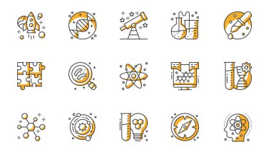 Bilim simgeleri ağ için ana hatlı vuruş tasarımı oluşturur. Uzay roketi, astronomi, genetik araştırma, teleskop, kimyasal test, mikrobiyoloji, fizik vs. içeren çizgiler. Vektör illüstrasyonu.