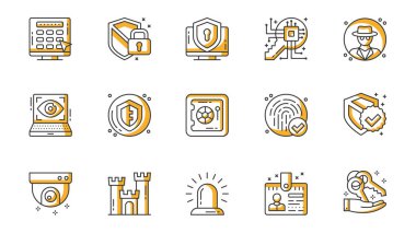 Güvenlik simgeleri ağ için ana hatlı vuruş tasarımına ayarlandı. Şifresi, kalkanı, asma kilidi, bilgisayar güvenlik duvarı, anahtar şifresi, casus, göz tarayıcısı, parmak izi olan çizgiler. Vektör illüstrasyonu.