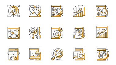 SEO simgeleri ağ için ana hatlı vuruş tasarımına ayarlandı. Hedef pazar, anahtar kelime, optimizasyon, ayarlar, artır grafik, e-posta, hız trafiği, pazarlama, diğer şeyleri içeren resim çizgileri paketle. Vektör illüstrasyonu.