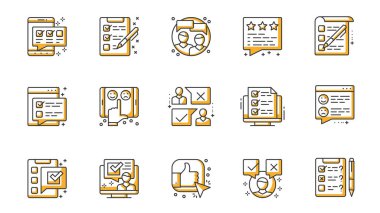 Anket simgeleri ağ için ana hatlı vuruş tasarımına ayarlandı. Çevrimiçi inceleme, kontrol listesi, görüş, duygusal geribildirim, uygulama, müşteri memnuniyeti ve diğer şeyleri içeren resimler paketleyin. Vektör illüstrasyonu.