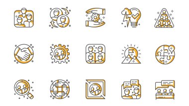 Takım çalışması simgeleri ağ için ana hatlı vuruş tasarımına ayarlandı. Takım, etkileşim, proje, astlık, tokalaşma, grup, başarı, kişisel veriler, arama, diğerleri ile resim çizelgeleri paketle. Vektör illüstrasyonu.