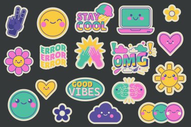 Düz dizaynlı Retro Y2K çıkartmaları. Barış eli, emoji, dizüstü bilgisayar, kalp, çiçek, hata, omg, güneş, iyi titreşimler, bulut, gülümseme, diğer renkli vintage işaretleri olan koleksiyon etiketleri. Vektör illüstrasyonu.