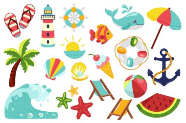 Düz dizaynlı yaz çıkartmaları. Plaj ayakkabılı kolleksiyon etiketleri, deniz feneri, gemi tekerleği, balık, balina, şemsiye, can simidi, karpuz, okyanus dalgası, denizyıldızı, dondurma, diğeri. Vektör illüstrasyonu.