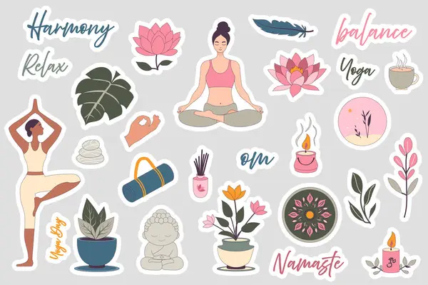 Düz dizaynlı yoga seti. Meditasyonda kadının olduğu kolleksiyon etiketleri ya da Asan, ahenk, rahatlama, nilüfer çiçeği, denge, çay, yaprak, taş, hasıraltı, Buda, namaste, mandala, diğer şeyler. Vektör illüstrasyonu.