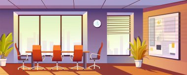 Oyun tasarımı için konferans odasının arka plan pankartı. Masası, sandalyeleri, sunum tahtası, pencereleri olan toplantı odası. İş birliği ve beyin fırtınası ofisi. Vektör çizgi film illüstrasyonu