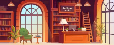 Kütüphanenin içinde oyun tasarımı için antik kitap arkaplan pankartı var. Masası, bilgisayarı, kitaplığı, rafı, merdiveni, lambası, penceresi olan bir kitapçı odası. Vektör çizgi film illüstrasyonu