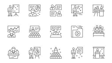 İş konferansı simgeleri web için ana hatlı vuruş tasarımı için ayarlandı. Hoparlörlü, işadamı, sunum, tartışma, takım toplantısı, seyirci, eğitim vb. resimleri paketleyin. Vektör illüstrasyonu.