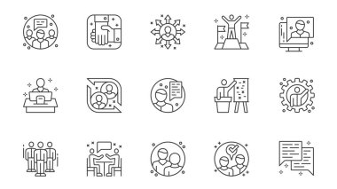 İş ortaklığı simgeleri web için ana hatlı vuruş tasarımı oluşturdu. İletişim, takım çalışması, tartışma, tokalaşma, başarı başarısı, video çağrısı vs. içeren resimler paketleyin. Vektör illüstrasyonu.