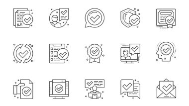 Sertifika simgeleri web için ana hatlı vuruş tasarımı olarak ayarlandı. Belge onayı, imzası, kalitesi, yeterliliği, kontrol damgası, güvenlik garantisi, diploması olan çizgiler paketleyin. Vektör illüstrasyonu.