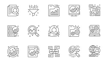 Veri analiz simgeleri ağ için ana hatlı vuruş tasarımına ayarlandı. Çizgi çizelgesi, diyagramı, filtresi, klasörü, grafik araştırması, veritabanı sunucusu, senkronizasyonu, istatistiksel analizi, diğer şeyleri içeren çizgileri paketle. Vektör illüstrasyonu.