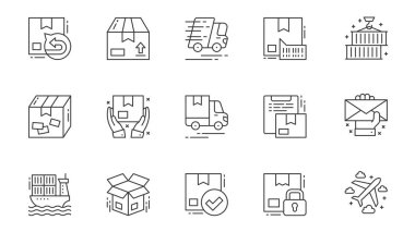 Teslimat simgeleri ağ için ana hatlı vuruş tasarımına ayarlandı. Paket iadesi, paket, hızlı sevkiyat, barkod, depo yüklemesi, gönderme, posta kutusu, diğer şeyleri içeren resimler paketleyin. Vektör illüstrasyonu.