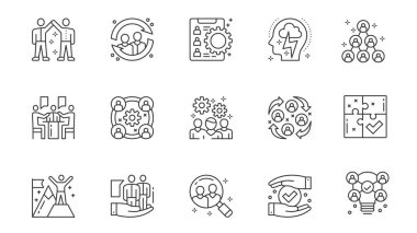 İnternetin ana hatları için kullanım hizmeti simgeleri belirlendi. Çalışanlar işbirliği, takım çalışması, beyin fırtınası, organizasyon, mülakat ve diğer şeylerle dolu resimler. Vektör illüstrasyonu.