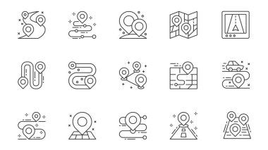 GPS yön bulma simgeleri ağ için ana hatlı vuruş tasarımına ayarlandı. Konum noktaları, lobutlar, harita, çevrimiçi izleme, yön, araba yolculuğu, konum, diğer güzergahlı çizgileri paketle. Vektör illüstrasyonu.