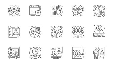 Ofis yönetimi simgeleri web için özet tasarımı için ayarlandı. Çalışan desteği, takvimi, süreci, özgeçmişi, menajeri, takım çalışmasını, takım organizasyonunu içeren resimleri paketle. Vektör illüstrasyonu.