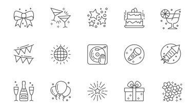 Parti simgeleri ağ için ana hatlı vuruş tasarımına ayarlandı. Hediye yaylı resimler, şampanya, yıldızlar, doğum günü pastası, kokteyl, çelenk, disko topu, DJ müziği, karaoke, diğerleri. Vektör illüstrasyonu.