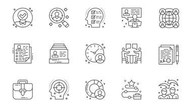 Ağ için ana hatlı vuruş dizaynında işe alma simgeleri belirlendi. Aday onayı, işe alım, araştırma özgeçmişi, kontrol listesi, video röportajı, küresel şirket, diğerleri içeren resimler paketleyin. Vektör illüstrasyonu.