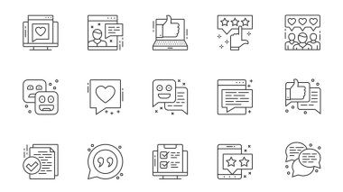 Web için ana hatlı vuruş tasarımında gözden geçirme simgeleri ayarlandı. Çevrimiçi geribildirim, yorum, kullanıcı deneyimi içeren çizgi resimli paketler, sınıflandırma, izleyici, negatif, pozitif, kalp, diğer. Vektör illüstrasyonu.