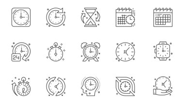 Zaman yönetimi simgeleri web için ana hatlı vuruş tasarımı için ayarlandı. Saat, son teslim tarihi, zaman çizelgesi, kum saati, takvim, alarm, zamanlayıcı, kronometre, geri sayım. Vektör illüstrasyonu.