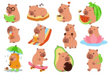 Capybaras karakterleri düz grafik tasarım ile ayarlandı. Sevimli hayvan okuma kitabı, uyku, kahve içme, karpuz ya da dondurma yeme, uyku, diğer şeylerin izole öğeleri. Vektör illüstrasyonu.