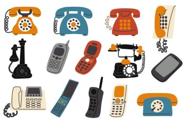 Retro telefonlar düz grafik dizaynına ayarlandı. Koleksiyon, antika ve antika telefonları olan izole edilmiş elementler. Tuşlu, kablolu, düğmeli ve telsiz antenli mobil modeller. Vektör illüstrasyonu.