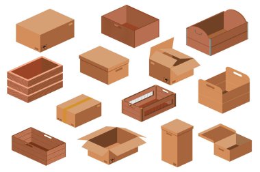 Tahta ve karton kutular düz grafik dizaynına ayarlanmış. Boş ambalajlı, açık ve kapalı konteynırlar, nakliye paketleri, sandıklar ve paketlerle izole edilmiş ögeler. Vektör illüstrasyonu.