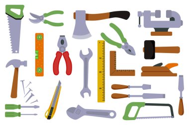 Düz grafik tasarımlı ahşap işçiliği araçları. Testere, budama makası, balta, pense, seviye, anahtar, cetvel, açı, çekiç, uçak, tornavida, diğeri ile izole edilmiş elementler. Vektör illüstrasyonu.
