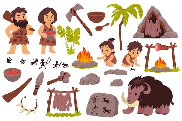 Düz grafik tasarımlı taş devri karakterleri. Koleksiyon, mağara adamı ailesi ile izole edilmiş çocuklar, bitkiler, aletler ve silahlar, mağara evleri, kaya resimleri, diğer şeyler. Vektör illüstrasyonu.