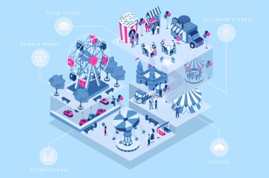Web tasarımı için lunapark 3d izometrik konsept. İzometri odalarında dönme dolaba binen insanlar, yemekhanede yemek yiyen, sirke giden çocuklar çocuk bölgesinde oynayan insanlar. Vektör illüstrasyonu.