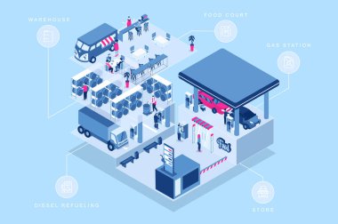 Web tasarımı için benzinci 3d izometrik konsept. İzometri odalarındaki insanlar dizeldeki arabaları dolduruyor ve yakıt ikmal bölgelerini, mağazaları ve yemek salonlarını, işçileri ambarlarını ziyaret ediyorlar. Vektör illüstrasyonu.