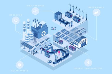 Web tasarımı için yeşil 3D izometrik konsept. İzometri odalarındaki insanlar eko fabrikasında güneş panelleri, rüzgar türbinleri ve yeşil yakıtlar, enerji koruma bölgesi ile çalışıyorlar. Vektör illüstrasyonu.